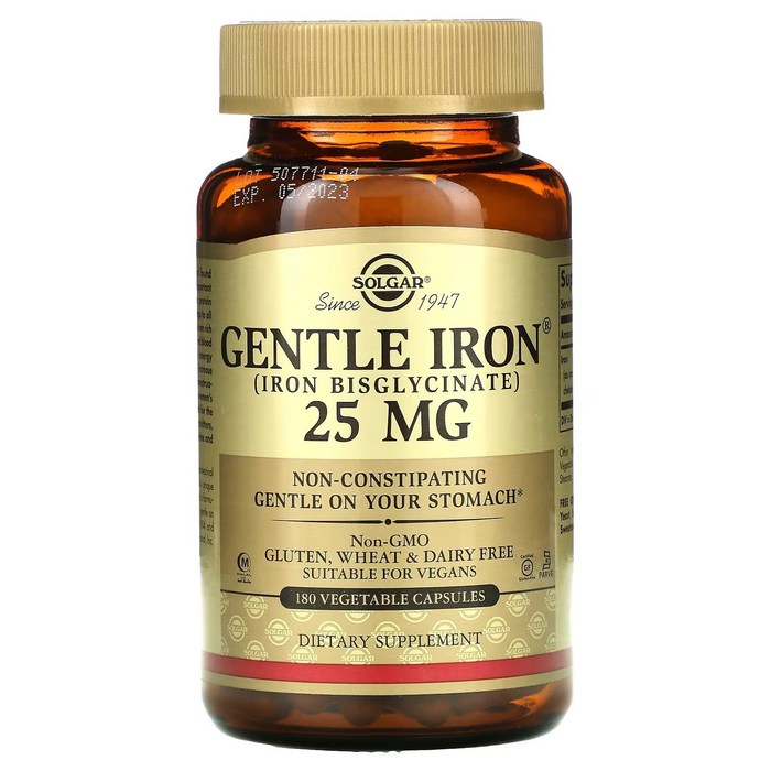 솔가 젠틀 아이언 180정 (베지캡슐) Solgar Gentle Iron 25mg 180Vcaps, 1개 대표 이미지 - 빈혈 추천