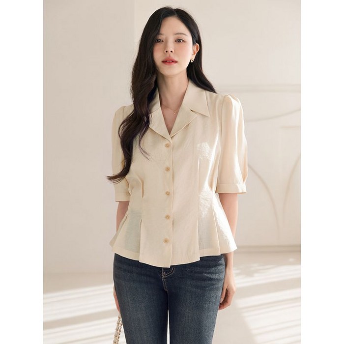 시크라인(~XXL까지) 다이너 카라 퍼프소매 페플럼 블라우스 봄 가을 오피스 하객룩 데이트 모임 미시 빅사이즈