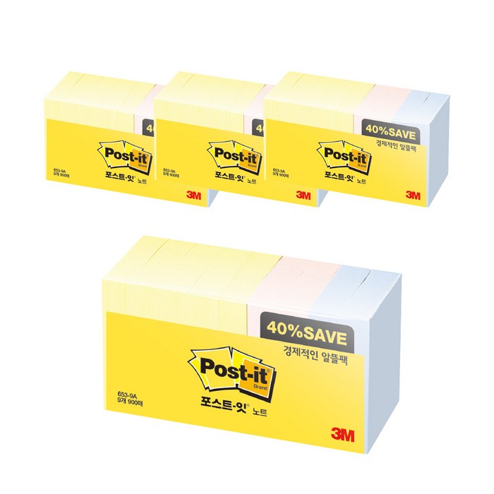 쓰리엠 노트 패드653-9A 51mm x 38mm, 혼합 색상, 4개입 대표 이미지 - 포스트잇 추천