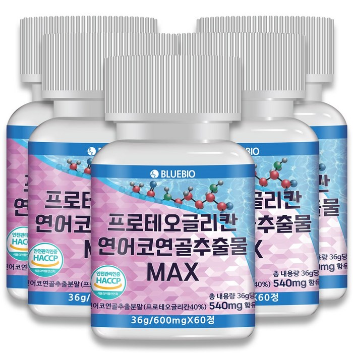 프로테오글리칸 연어코 연골 추출물 MAX 600mg 60정 2형 콜라겐 콘드로이친 글루코사민 류신 함유, 5통/300정/10개월분 대표 이미지 - 프로테오글리칸 추천