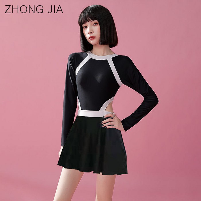 ZHONG JIA 여성 옆트임 슬림 라인 긴팔 스트랩 섹시 모노키니 블랙 그린 비키니 수영복 바캉스 휴양지룩 비치웨어, 화이트 대표 이미지 - 섹시 래쉬가드 추천