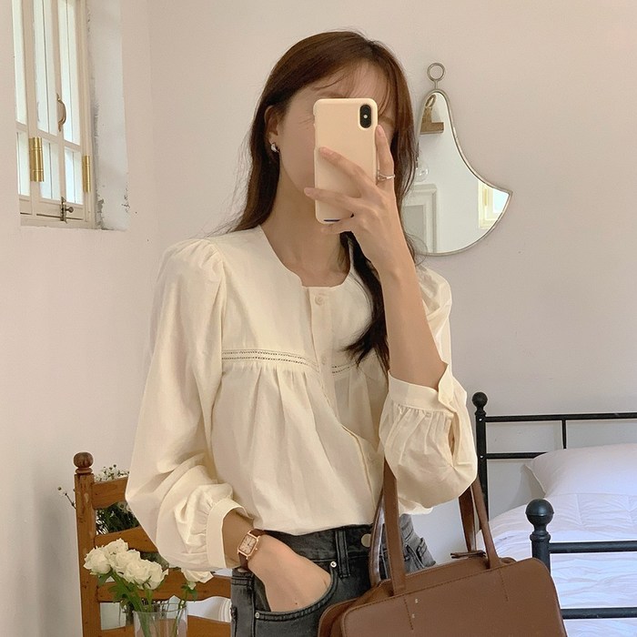 [뉴데이]봄 여성 퍼프 긴팔블라우스 하객룩 출근룩 데이트룩 오피스룩 러블리블라우스 봄신상 라운드블라우스