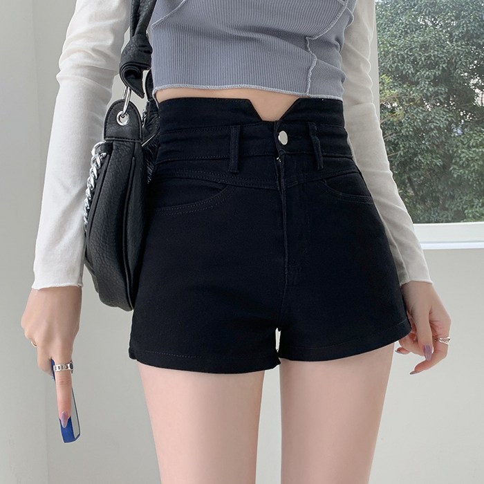 DFMEI 블랙 데님 반바지 여성 여름 새로운 패션 불규칙한 틈새 허리 슬림 엉덩이 리프팅 핫 바지 대표 이미지 - 가슴 리프팅 추천