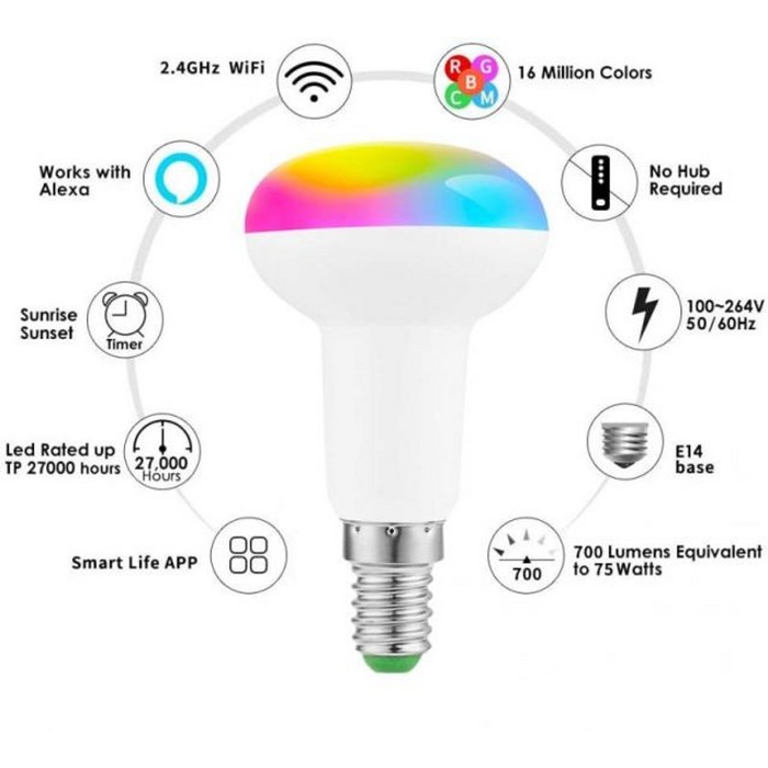 6W E14 WiFi 스마트 전구 LED RGB 색상 변경 램프 음성 제어 스마트 전구 Alexa Google 홈 스마트 라이프 작업, 변하기 쉬운, 협력사, 2 개 대표 이미지 - 스마트 전구 추천