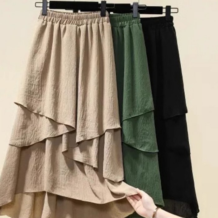 가을 패션 분위기 캐주얼 편안 넉넉한 질감 롱 스커트 예술적 디자인감 불규칙 숙녀 트렌디 고급 질감 하의 스커트 큰 사이즈 여성 의류 빅사이즈 111 3장입