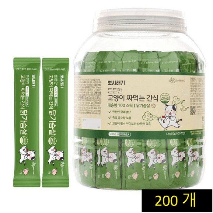 뽀시래기 든든한 고양이 짜먹는 간식 스틱 대용량, 닭가슴살, 12g, 200개