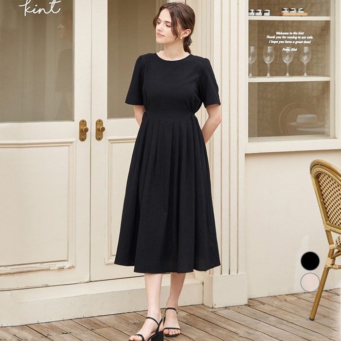 ELLE PARIS 여성용 린넨라이크 플레어 반팔 원피스