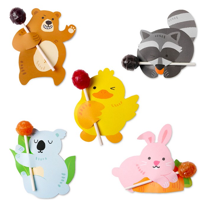 인디케이 애니멀 친구들 막대사탕 페이퍼 5종 10p 세트, 혼합색상, 1세트