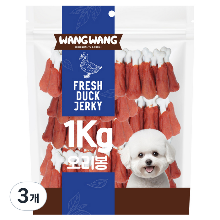 왕왕 강아지 프리미엄 대용량 오리봉 간식, 1kg, 3개, 오리맛