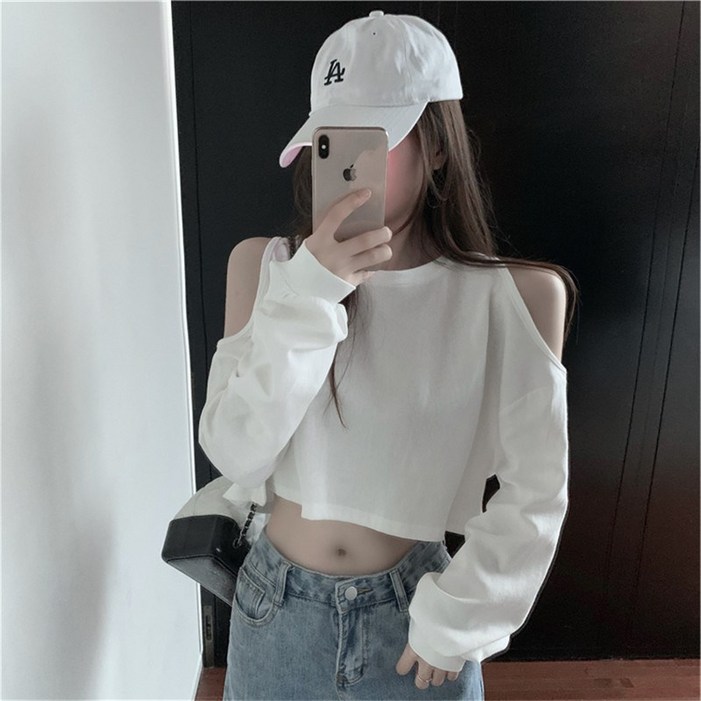 아이엠몽 여성용 크로파 긴팔 오프숄더 크롭 티셔츠