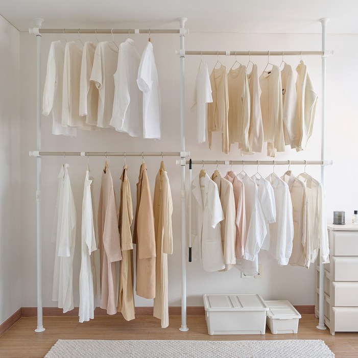 룸앤홈 왕자행거 드레스룸 3단 기본형 설치형행거, 베이지  화이트