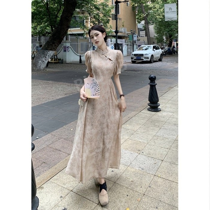 여성 원피스 중국 스타일 퍼프 슬리브 드레스 여름 2023 뉴 차이나 카라 허리 슬리밍 기질 반팔