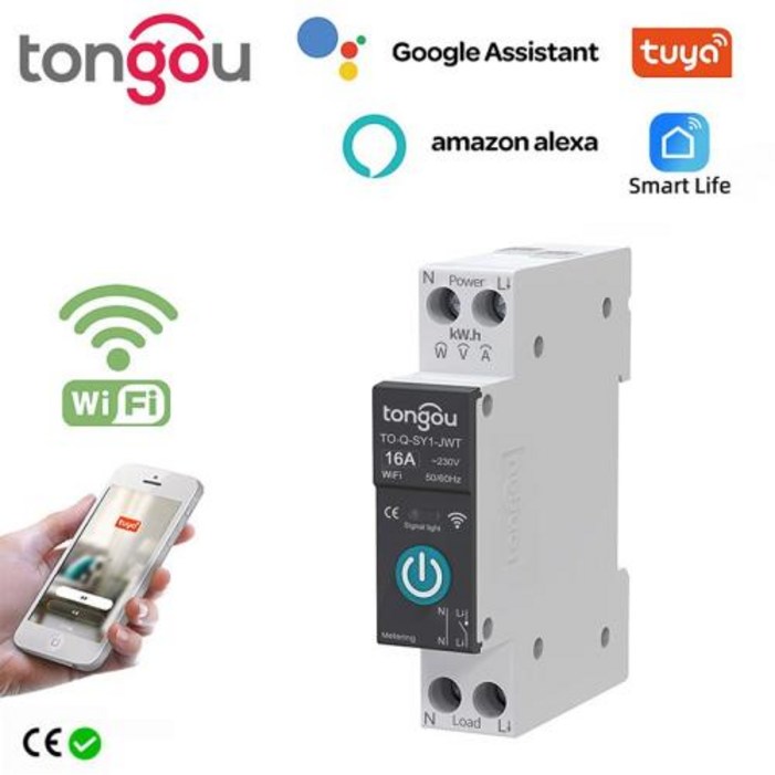 투야 와이파이 스마트 회로 차단기 스마트 홈 무선 리모컨 와이파이 스위치 1P 63A DIN 레일 앱 TONGOU 무료 배송