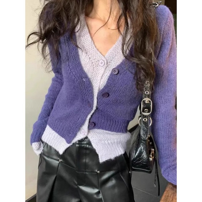 YG1714 V넥 레이어드 배색 니트 가디건