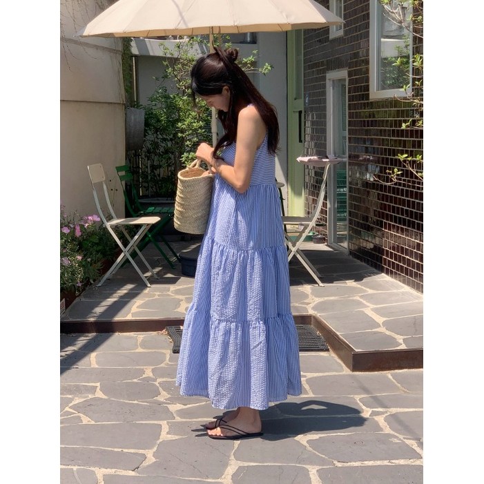 루어스룸 포레스트 여름 스트라이프 단가라 시어서커 지지미 스퀘어넥 휴양지 캉캉 플레어 뷔스티에 코튼 여름 드레스 롱 원피스블루