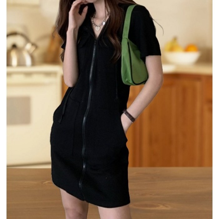여성 반팔 후드 집업 원피스