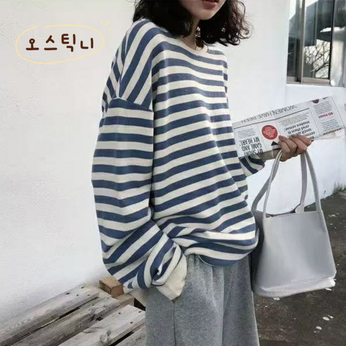오스틱니 2026 신상 초특가 여성용 봄가을 스트라이프 루즈핏 데일리룩 라운드 긴팔 티셔츠