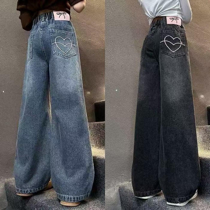 여아 청바지 고등생 밴딩 청바지 하트로고 와이드핏 데님팬츠