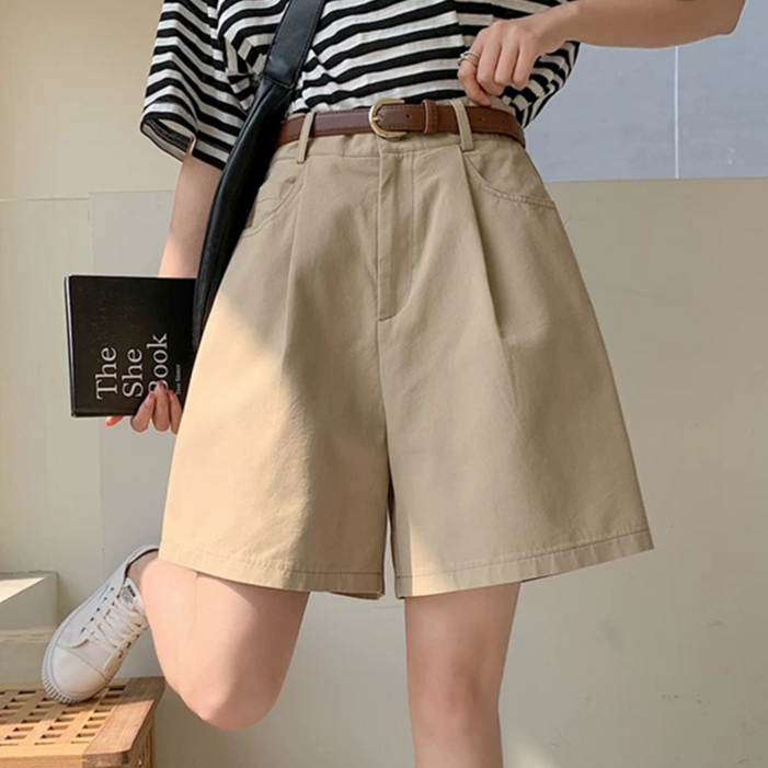 로젤라 여성 벨트 반바지 캐주얼 반바지 빅사이즈 A라인 와이드 팬츠