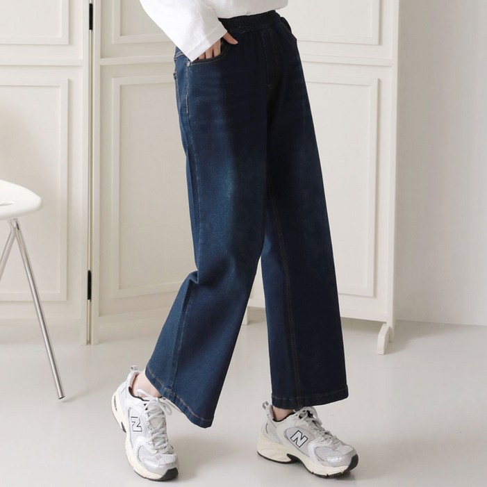 여성용 스판 밴딩 와이드 데님팬츠 중청
