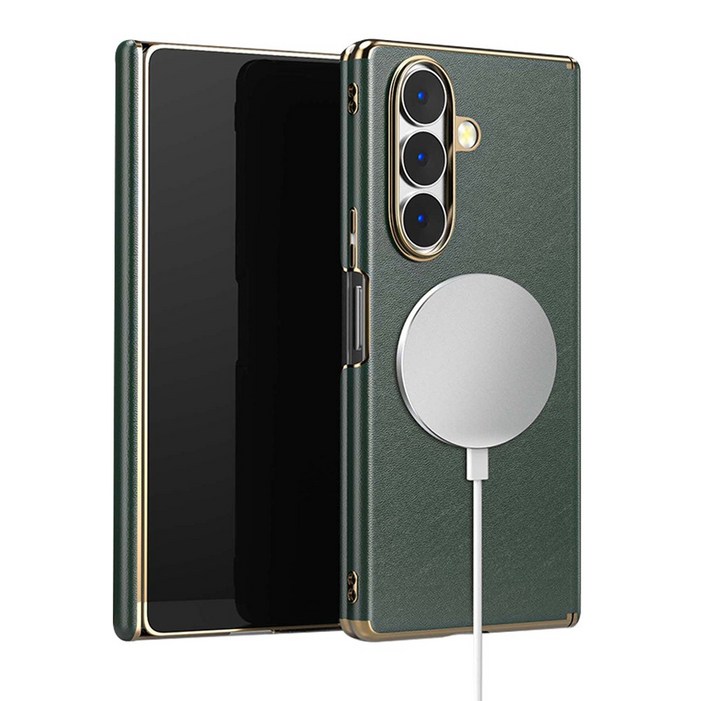 YINUO 갤럭시 Z 폴드 천연 가죽 magsafe 듀얼 중축 힌지 보호 후면 케이스