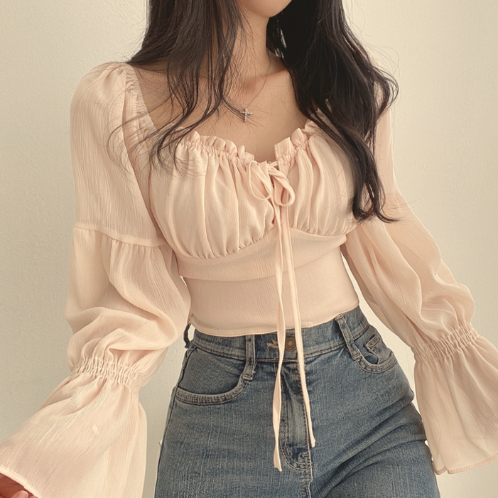 치유쿠 chic 봄 프랑스식 스퀘어넥 블라우스 러블리 프릴소매 셔츠 치유쿠 chic 봄 프랑스식 스퀘어넥 블라우스 러블리 프릴소매 셔츠