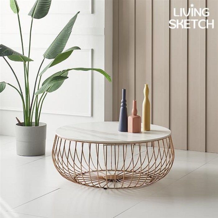리빙스케치비앙뜨리 800 원형 그레이 포세린 세라믹 소파테이블 로즈골드 거실테이블, 화이트 로즈골드