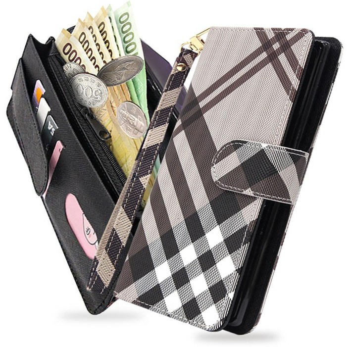 버킨체크 레더 지퍼 지갑형 다이어리 핸드폰케이스  손목 줄 스트랩