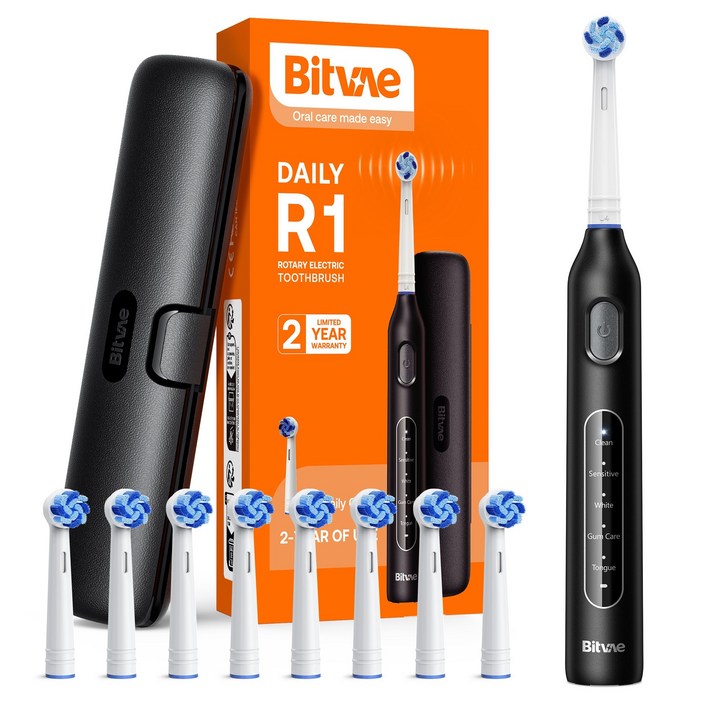 비트베이 R1 회전형 전동칫솔 진동칫솔 칫솔모8개 Bitvae Amazon베스트, 1개, 블랙, R1