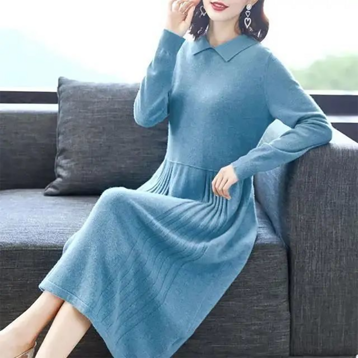 지고다그 여성 니트 원피스 긴팔 플리츠 배색 가을겨울 중장기장 여리여리핏 데일리룩 YZH74231