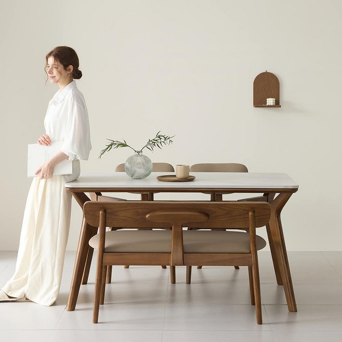 까르엠가구 헤이븐 포세린 양면 세라믹 50R 애쉬 원목 4인용 식탁세트 1400 2인벤치1의자2