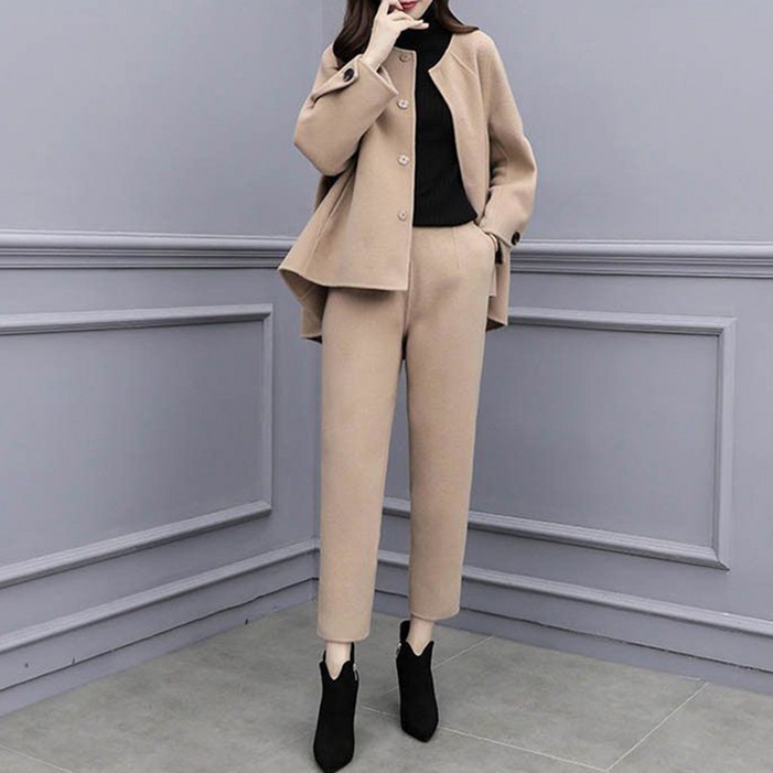 여성 가을 겨울 모직 긴팔 톱 9부 팬츠 투피스 캐주얼 패션 세트 슬림소녀