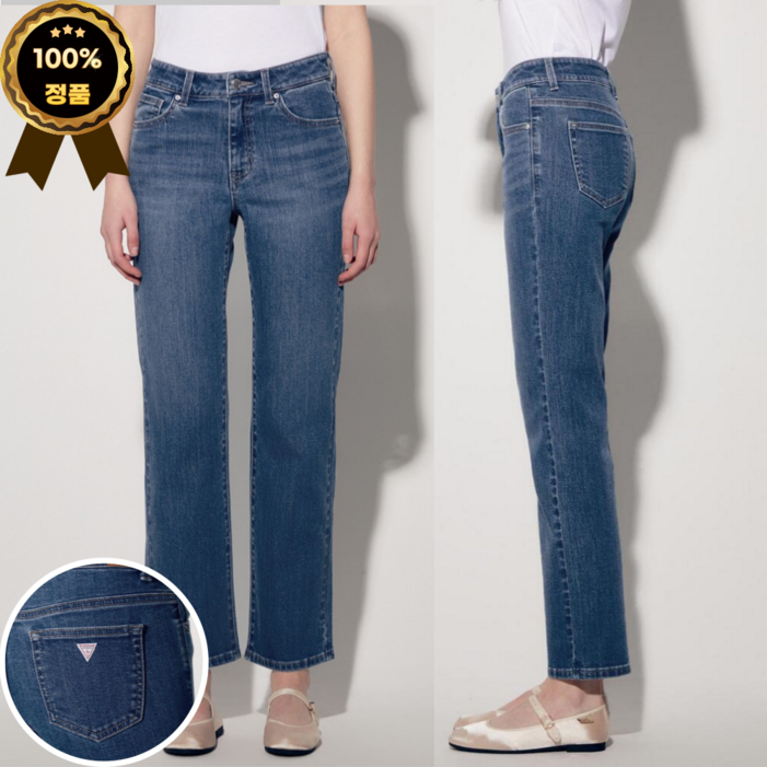 백화점 정품  25년 신상 게스 여성 M톤 스트레이트 미디엄블루 데님 청바지