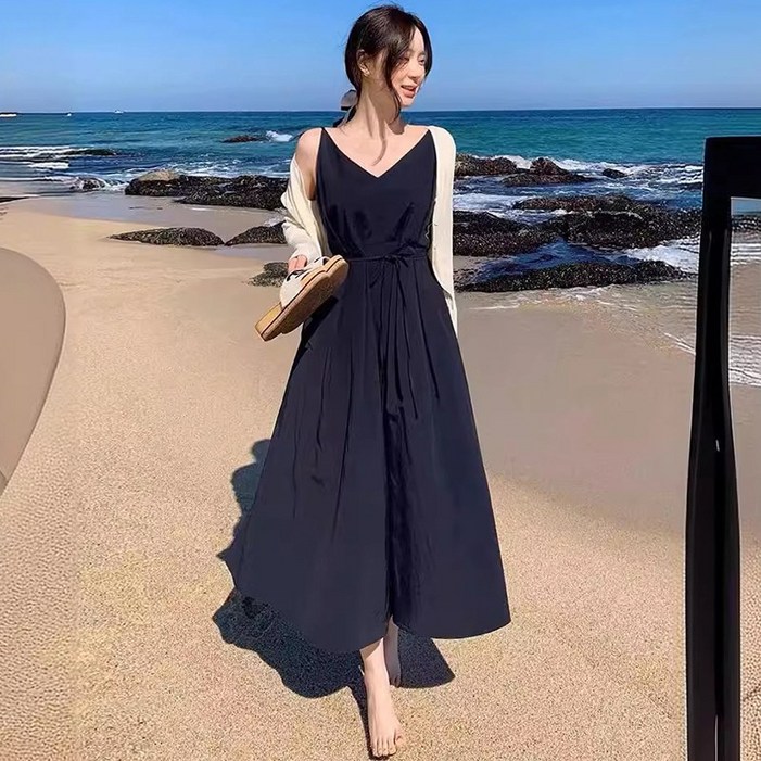 여름 뷔스티에 V넥 플레어 나시 롱 원피스 허리끈 바스락 캐주얼 민소매 원피스 날씬해 보이는 레이어드 하객룩 바캉스룩 비치웨어 휴양지룩