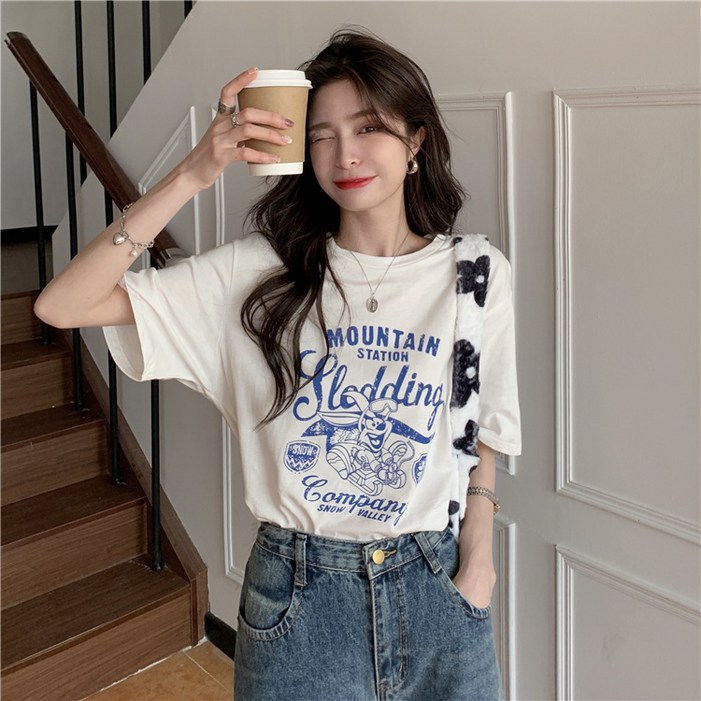 지아나 여성 빅사이즈 흰색 순면 캐쥬얼 라운드 넥 반팔 티셔츠