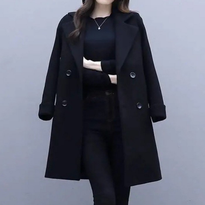 봄 가을 코트 심플 샤프트 울 코트 두툼 헵번 스타일 포켓 탑재 여성 블랙 슬림 미디 길이 더블 버튼 트렌치 코트 빅사이즈