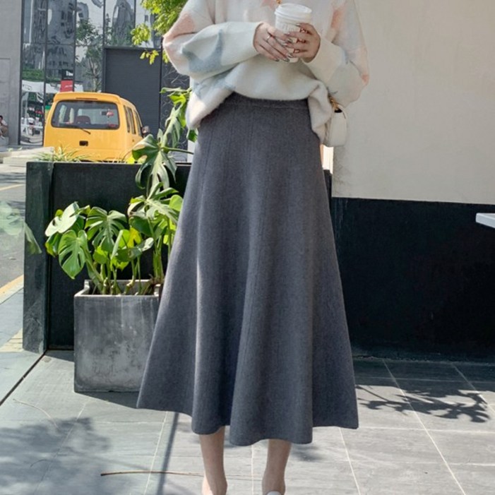 양놀 A라인 플레어 밴딩 니트 롱 스커트 치마