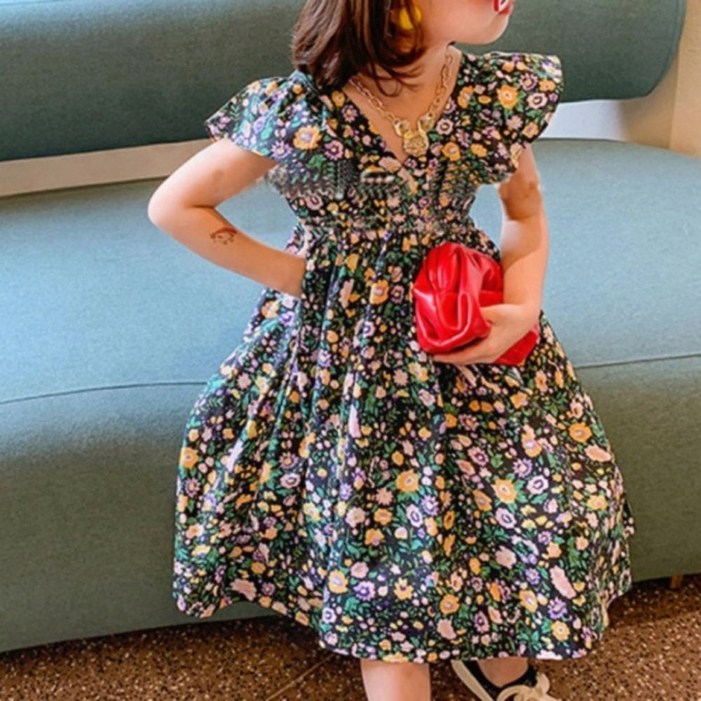 꽃무늬 브이넥 유아 데일리 원피스 북유럽 패턴 산책 외출