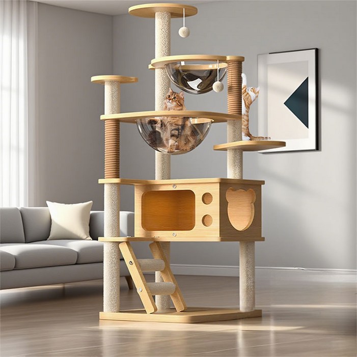 New World 캣타워 고양이 스크래쳐 안정적인 구조로 튼튼하고 견고함 다층 구조로 놀이터 링트리 등반 프레임  스크래쳐  고양이장난감 대형 및 소형 고양이모두사용 MPJ04, 1개, 원목색