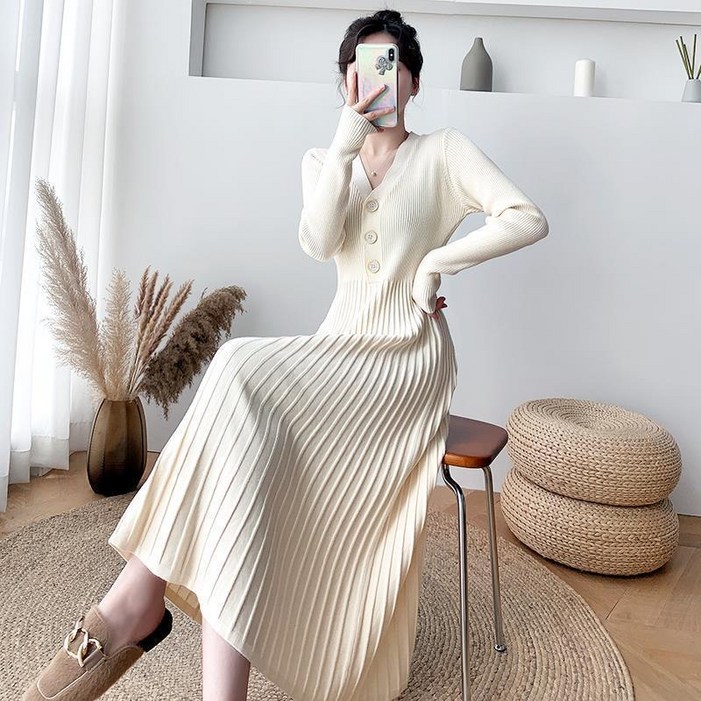 가을겨울 부드러운 니트 원피스 긴팔 브이넥 골지 플리츠 주름 롱 원피스 이너원피스 a라인 순색 5가지 컬러