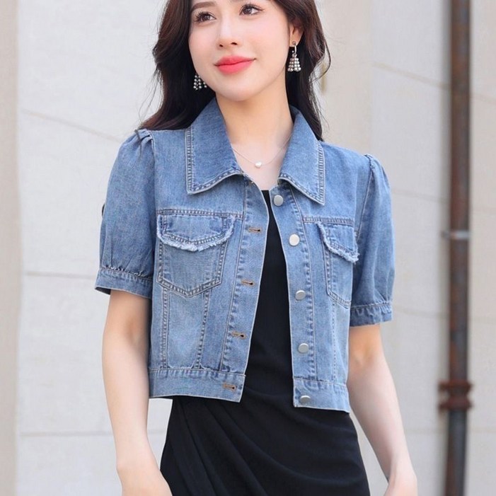 여성 쇼트 반팔 데님 자켓 코트 베이직 루즈핏 크롭 데님 셔츠 여름 청점퍼