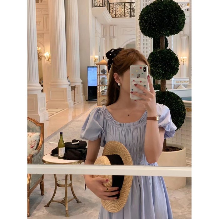 루어스룸 코티 스모크밴딩 스퀘어넥 소매퍼프 여름 휴양지룩 코튼 여리 롱원피스5color