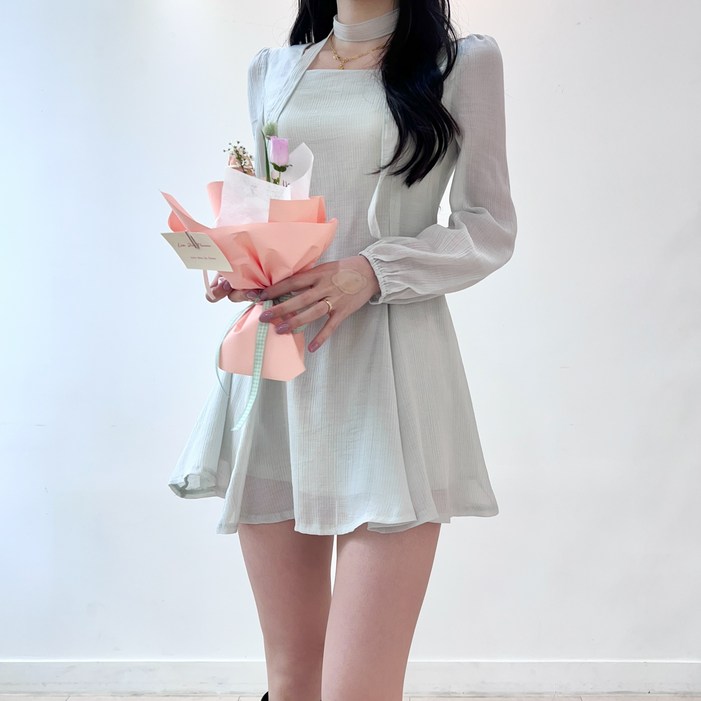 투디 스퀘어넥 퍼프 쉬폰 타이 플레어 미니 원피스, 4컬러