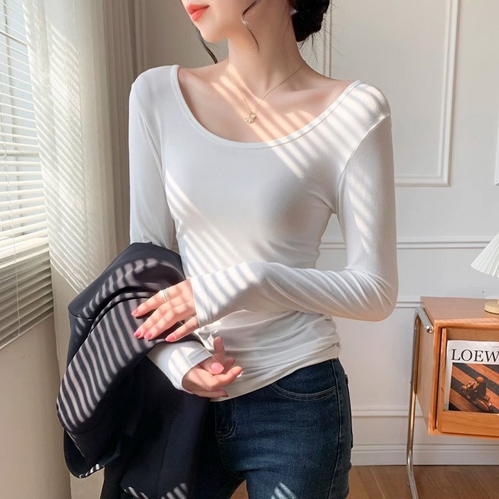 여성 스판슬림핏 딥유넥 라운드 긴팔티셔츠 부드러운 얇은 이너티