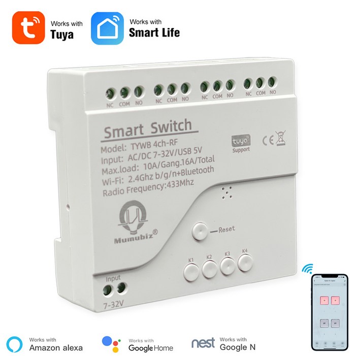투야 스마트 4 채널 와이파이 RF 순간 인칭 릴레이 자동 잠금 스위치 모듈 DIY 차고 도어 컨트롤러 딘 레일