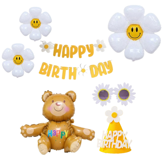 연지마켓 생일파티 용품 세트 데이지 풍선 생일 가랜드 안경 고깔, 1세트, 15옐로우 해피 곰돌이