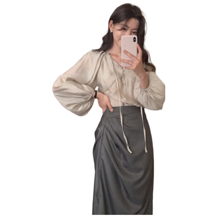 엘모 브이넥 단추 버튼 새틴 매듭 리본 소매 밴딩 벌룬 퍼프 긴팔 블라우스