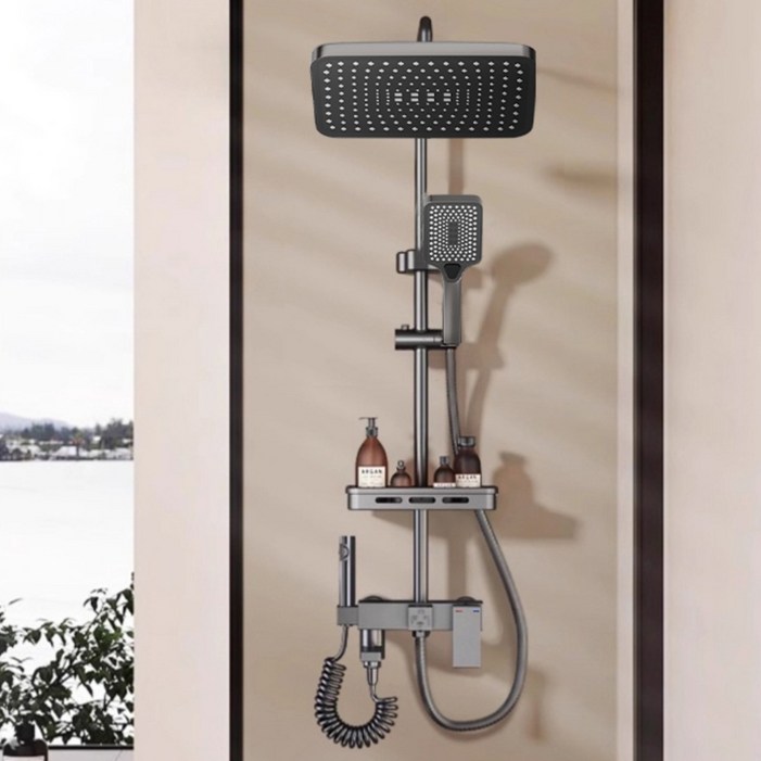 샤워 세트, 사각 해바라기 샤워기, 다기능 수도꼭지, 수납대 포함, 회색, 1세트