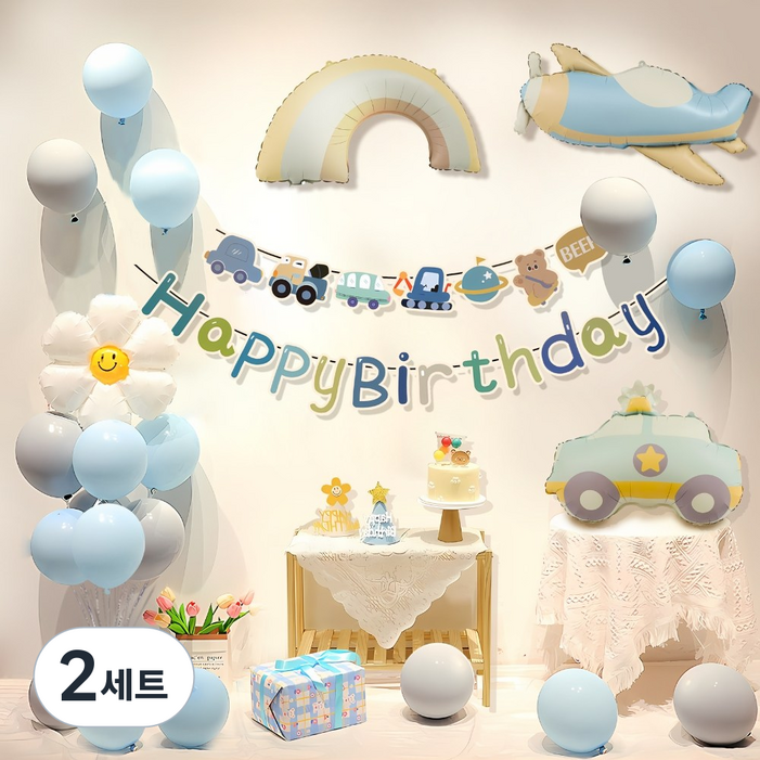 원그리드 생일 파티 풍선 세트, 2세트, 블루 스카이카