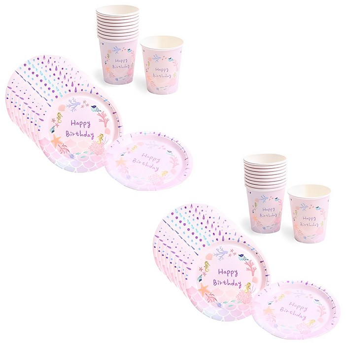 파티해 생일 파티접시 18cm 20p  파티컵 20p 세트 인어공주, 20개, 1세트